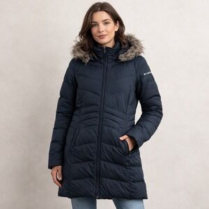 Columbia Women Sz L Down Fill Long Puffer Coat Faux Fur Hood Insulated Black